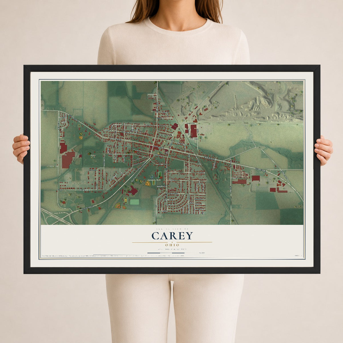 Map of Carey, Ohio, 24 x 36 inch print in a black wood frame