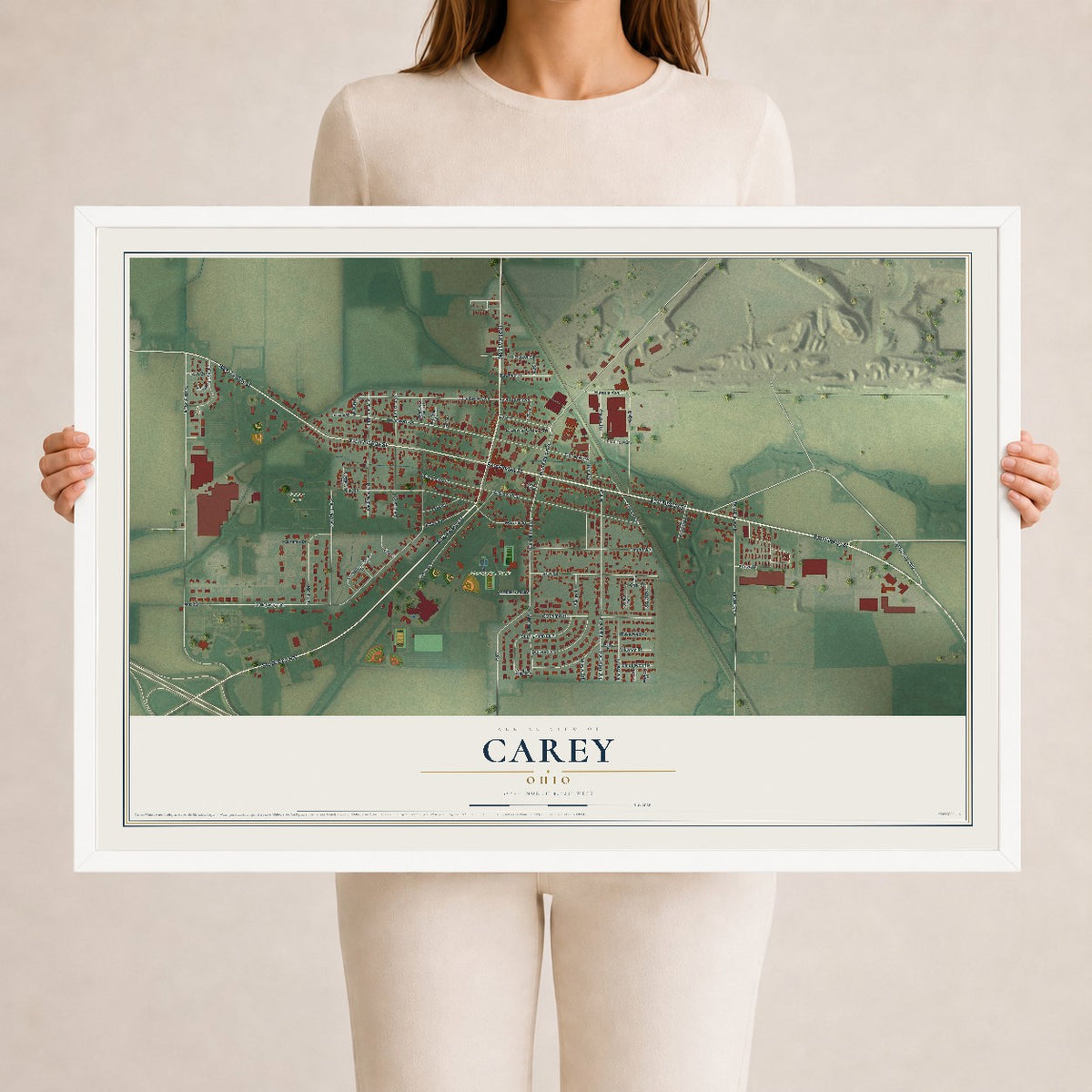 Map of Carey, Ohio, 24 x 36 inch print in a white wood frame