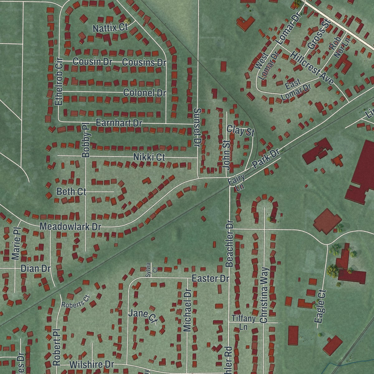 Close-up of the map of Carlisle, Ohio print showing street and building detail