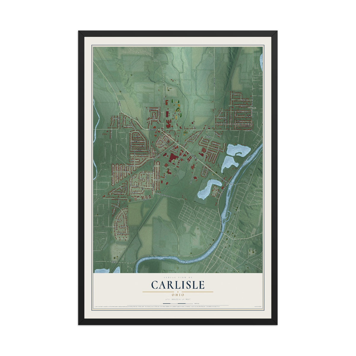 Map of Carlisle, Ohio, 12 x 18 inch print in a black wood frame