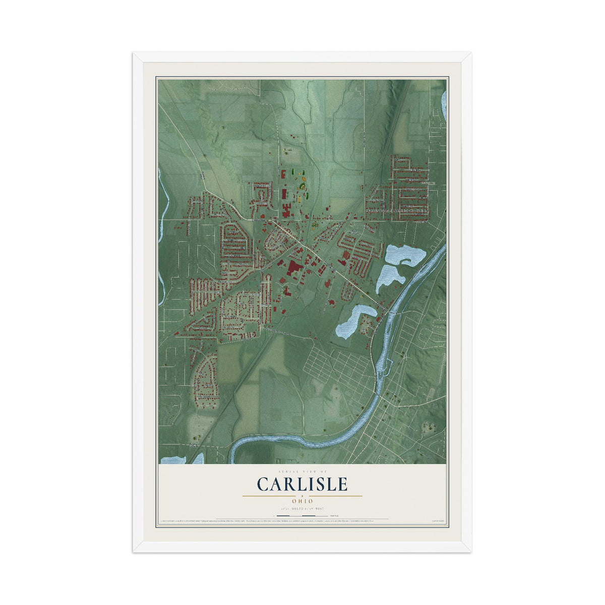 Map of Carlisle, Ohio, 12 x 18 inch print in a white wood frame