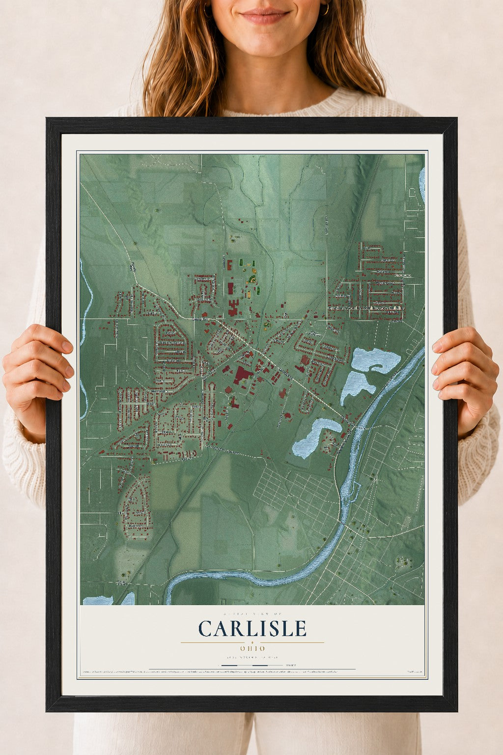 Map of Carlisle, Ohio, 18 x 24 inch print in a black wood frame