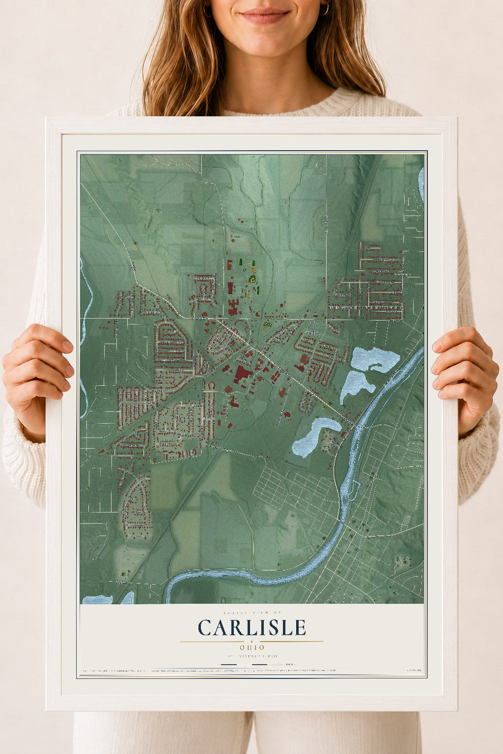 Map of Carlisle, Ohio, 18 x 24 inch print in a white wood frame