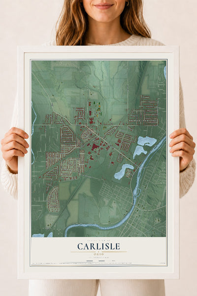 Map of Carlisle, Ohio, 18 x 24 inch print in a white wood frame