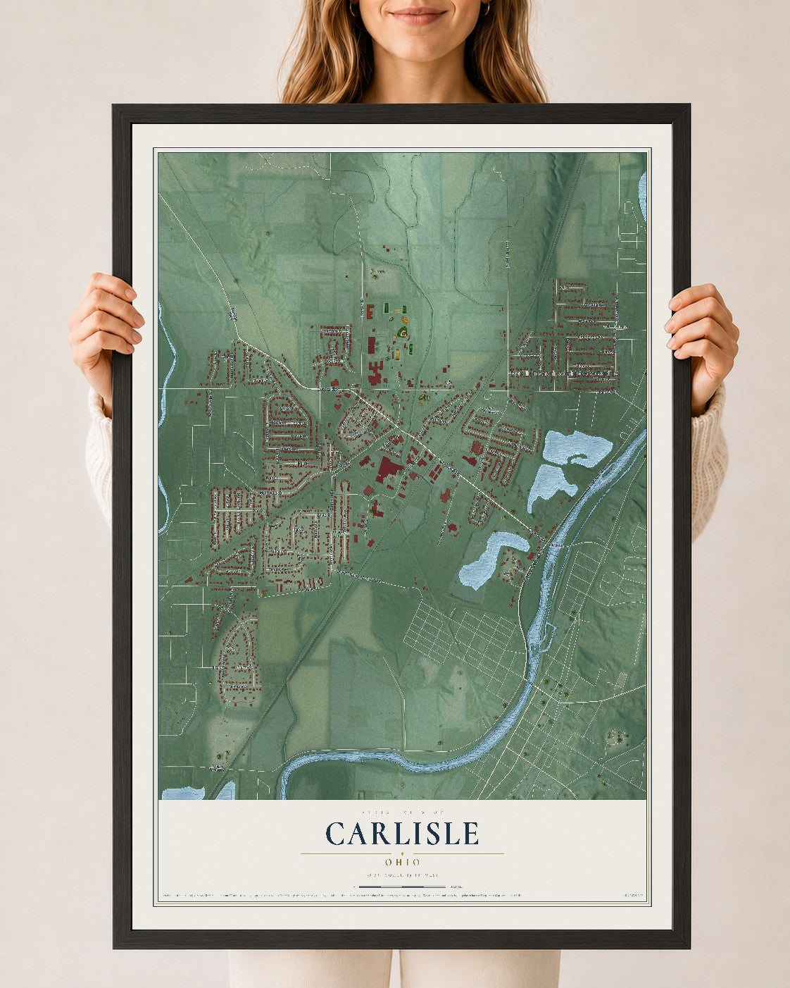 Map of Carlisle, Ohio, 24 x 36 inch print in a black wood frame