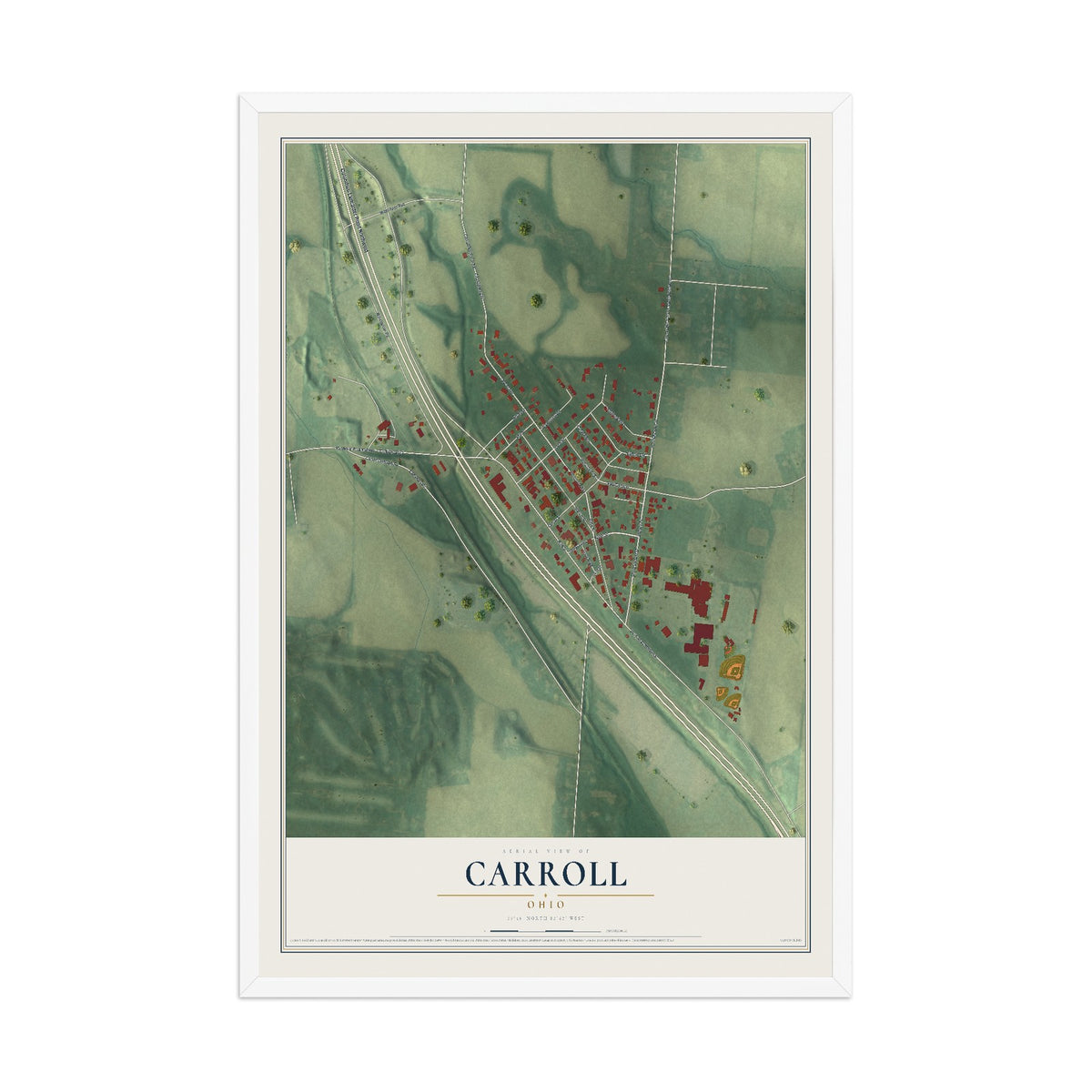 Map of Carroll, Ohio, 12 x 18 inch print in a white wood frame