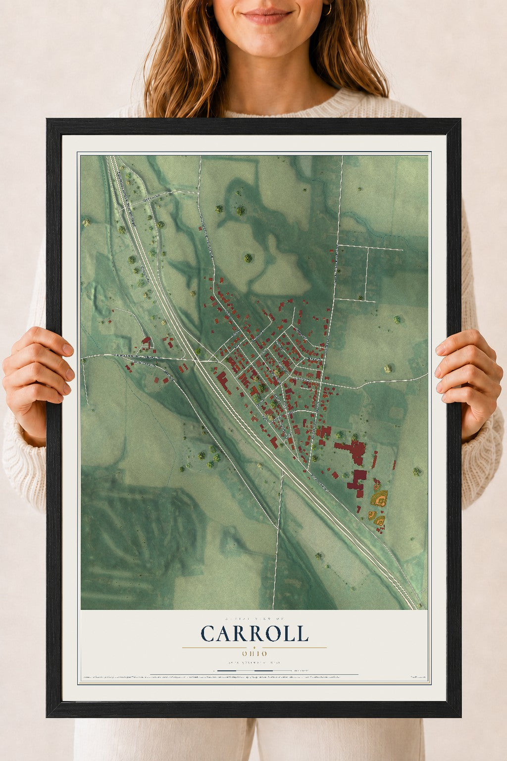 Map of Carroll, Ohio, 18 x 24 inch print in a black wood frame