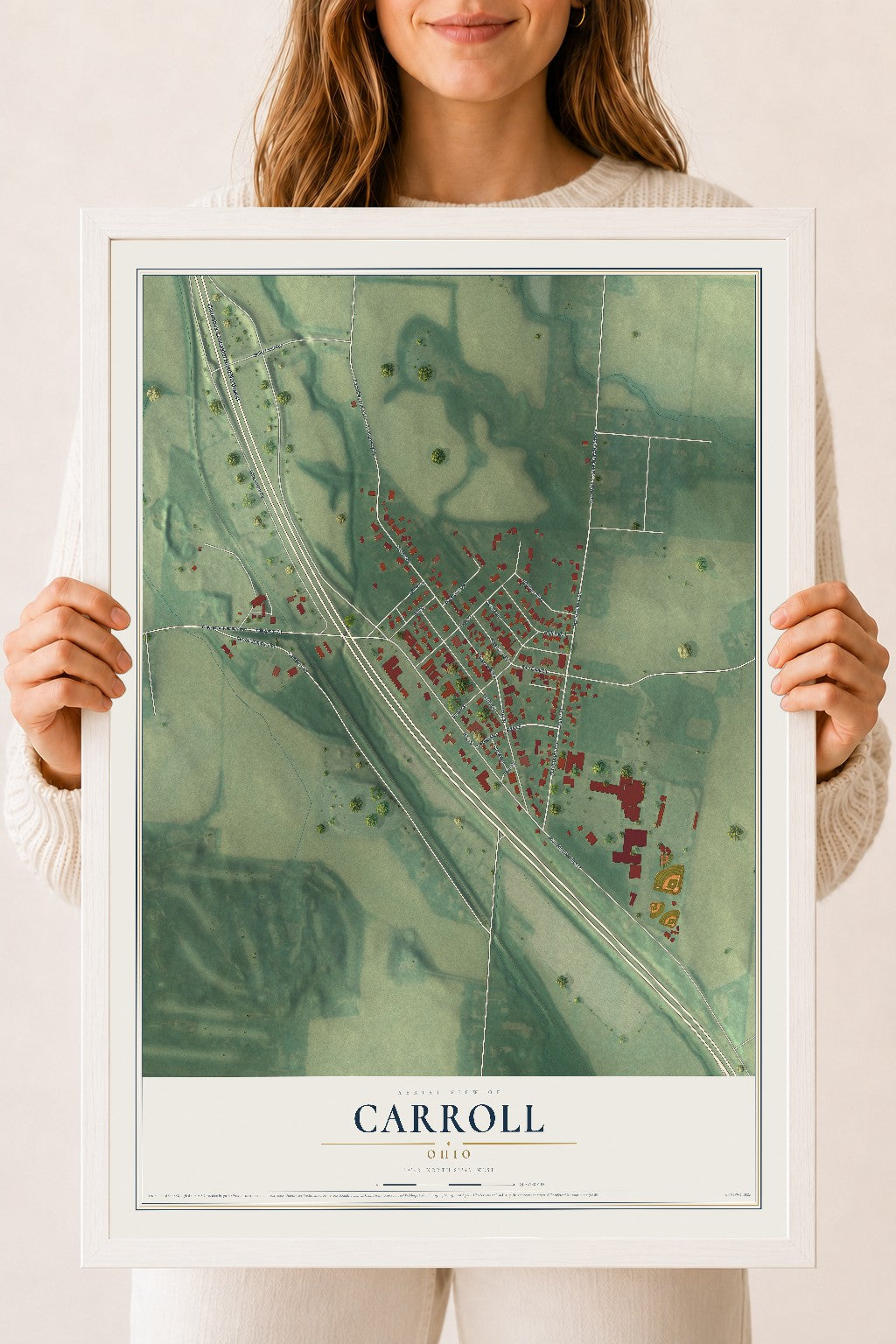 Map of Carroll, Ohio, 18 x 24 inch print in a white wood frame