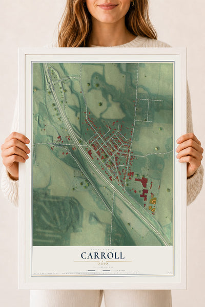 Map of Carroll, Ohio, 18 x 24 inch print in a white wood frame
