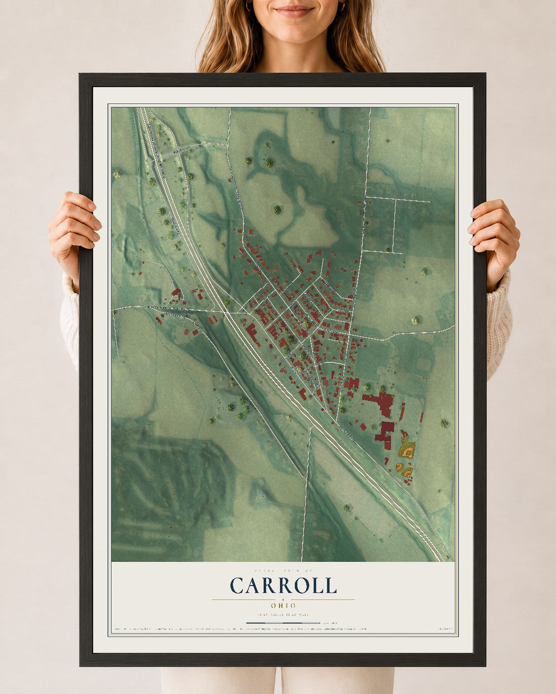 Map of Carroll, Ohio, 24 x 36 inch print in a black wood frame