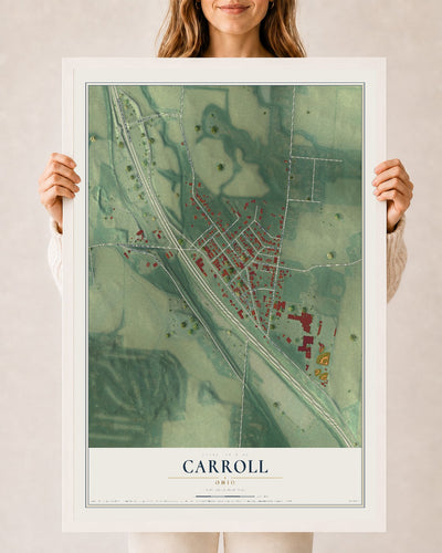Map of Carroll, Ohio, 24 x 36 inch print in a white wood frame