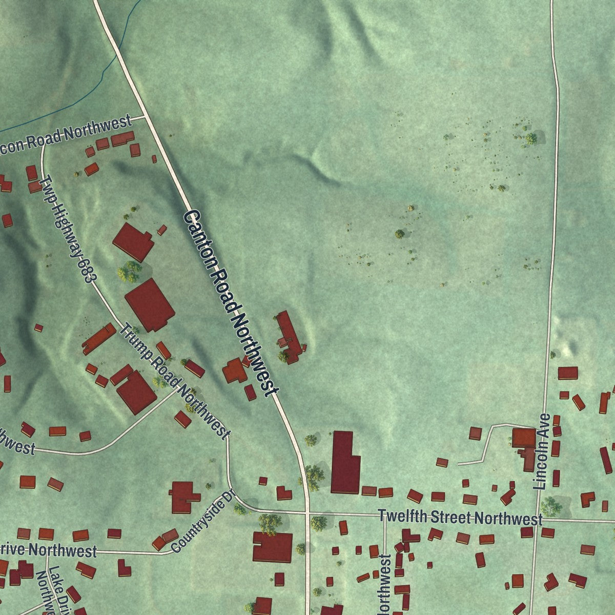 Second close-up of the map of Carrollton, Ohio print showing more streets and buildings