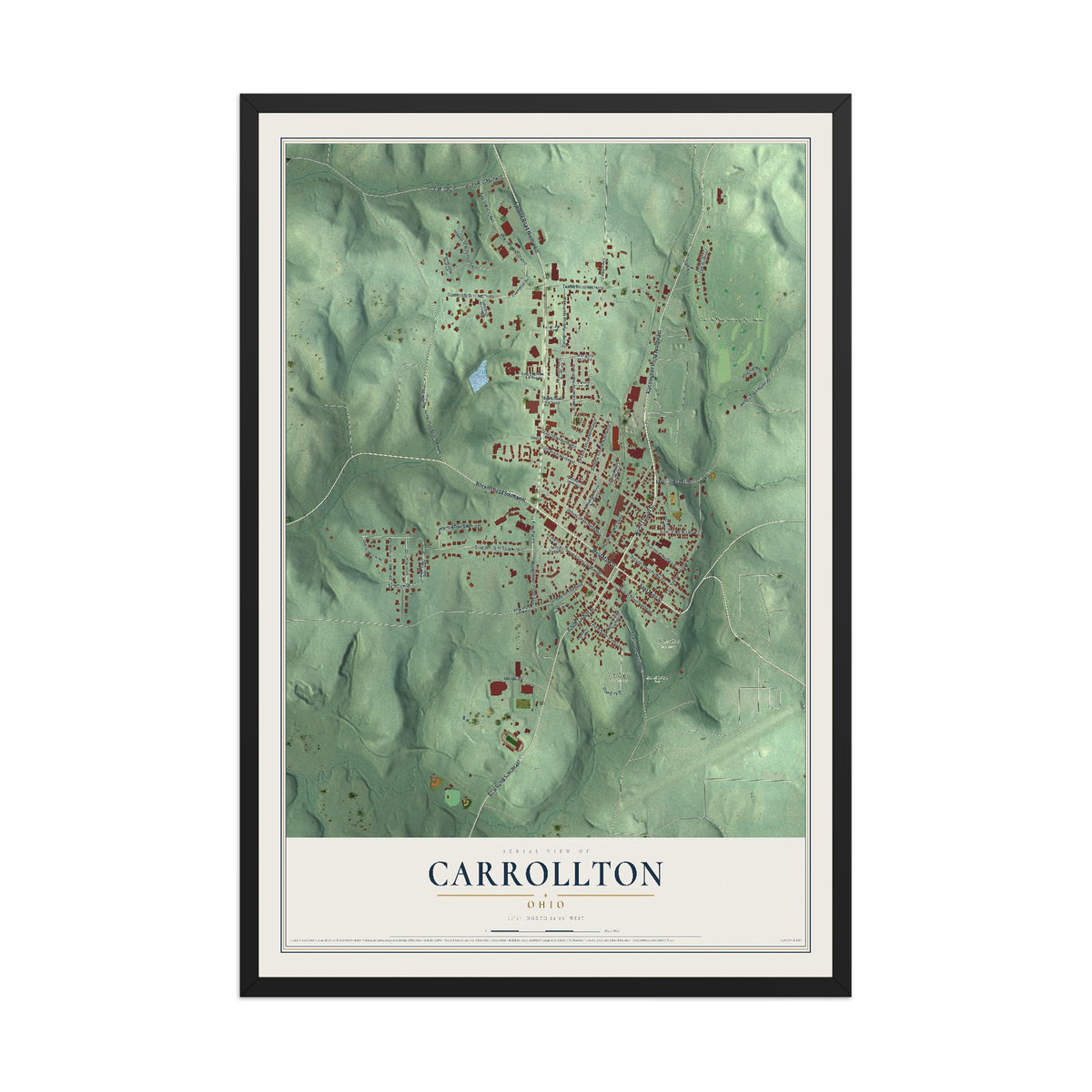 Map of Carrollton, Ohio, 12 x 18 inch print in a black wood frame