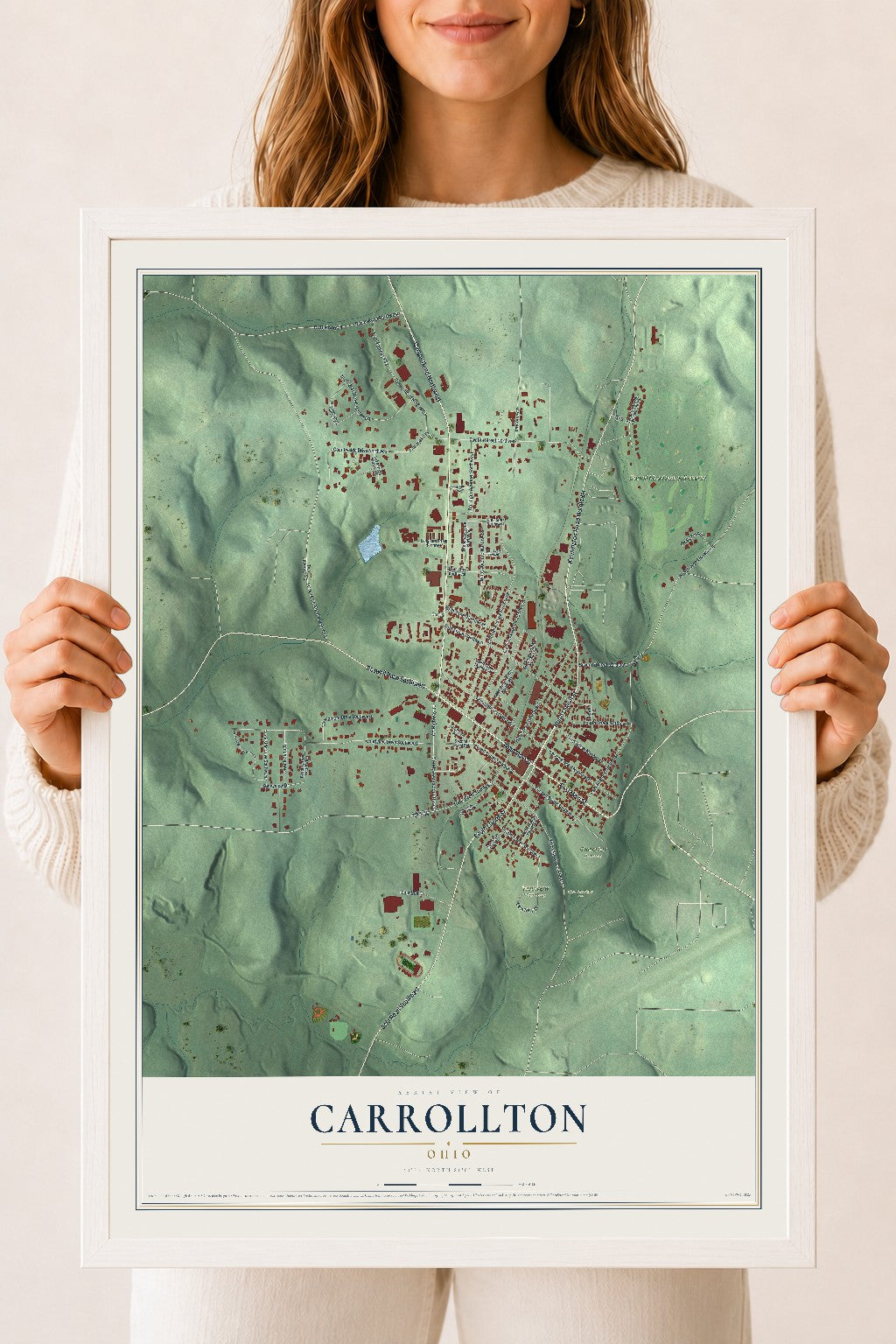Map of Carrollton, Ohio, 18 x 24 inch print in a white wood frame