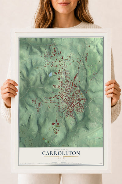 Map of Carrollton, Ohio, 18 x 24 inch print in a white wood frame