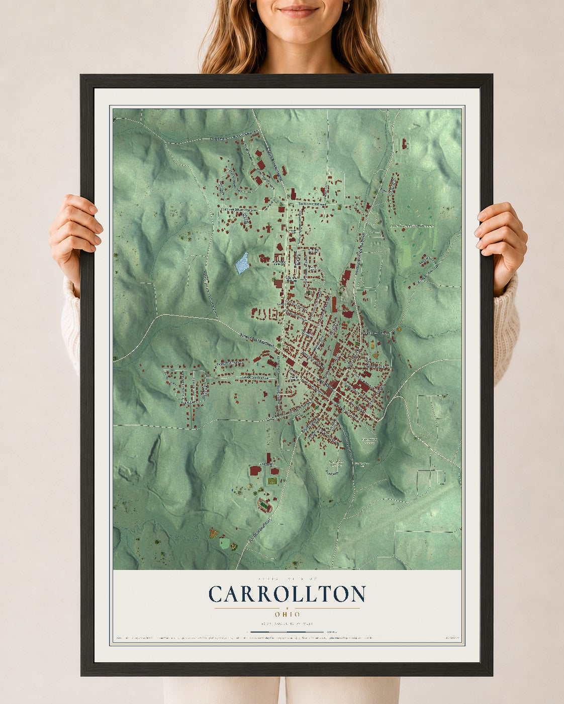 Map of Carrollton, Ohio, 24 x 36 inch print in a black wood frame