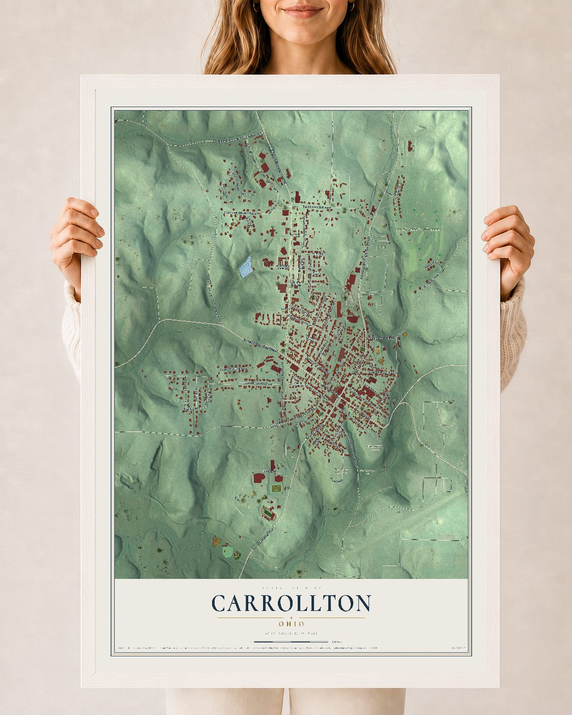 Map of Carrollton, Ohio, 24 x 36 inch print in a white wood frame