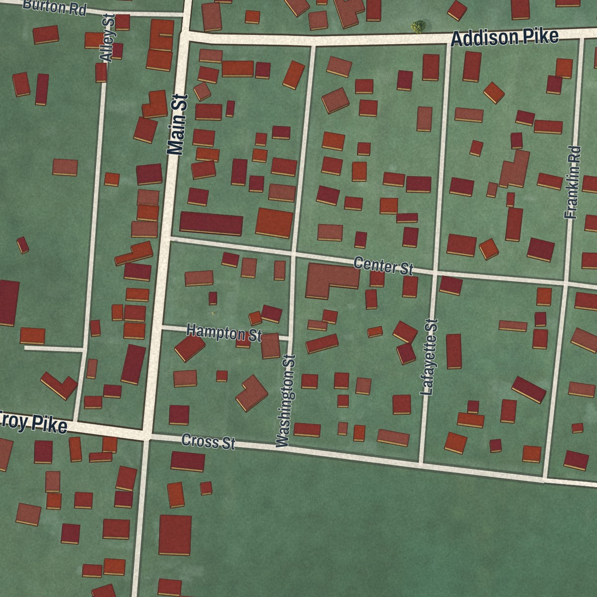 Close-up of the map of Casstown, Ohio print showing street and building detail