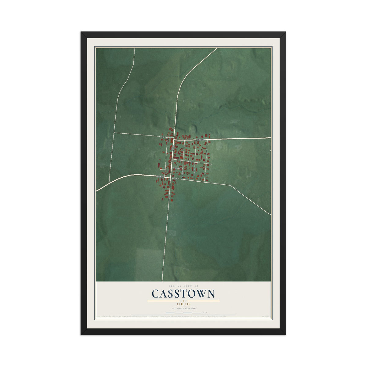 Map of Casstown, Ohio, 12 x 18 inch print in a black wood frame
