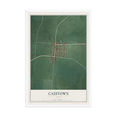 Map of Casstown, Ohio, 12 x 18 inch print in a white wood frame