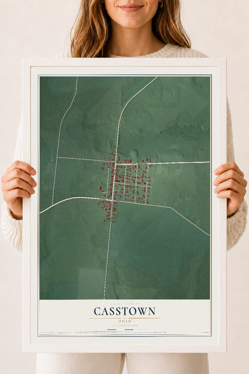 Map of Casstown, Ohio, 18 x 24 inch print in a white wood frame