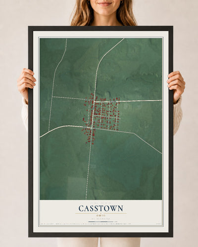 Map of Casstown, Ohio, 24 x 36 inch print in a black wood frame