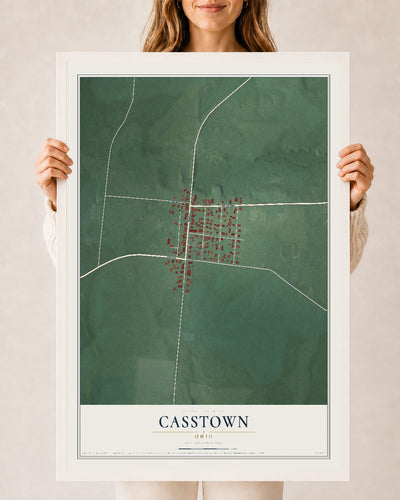 Map of Casstown, Ohio, 24 x 36 inch print in a white wood frame