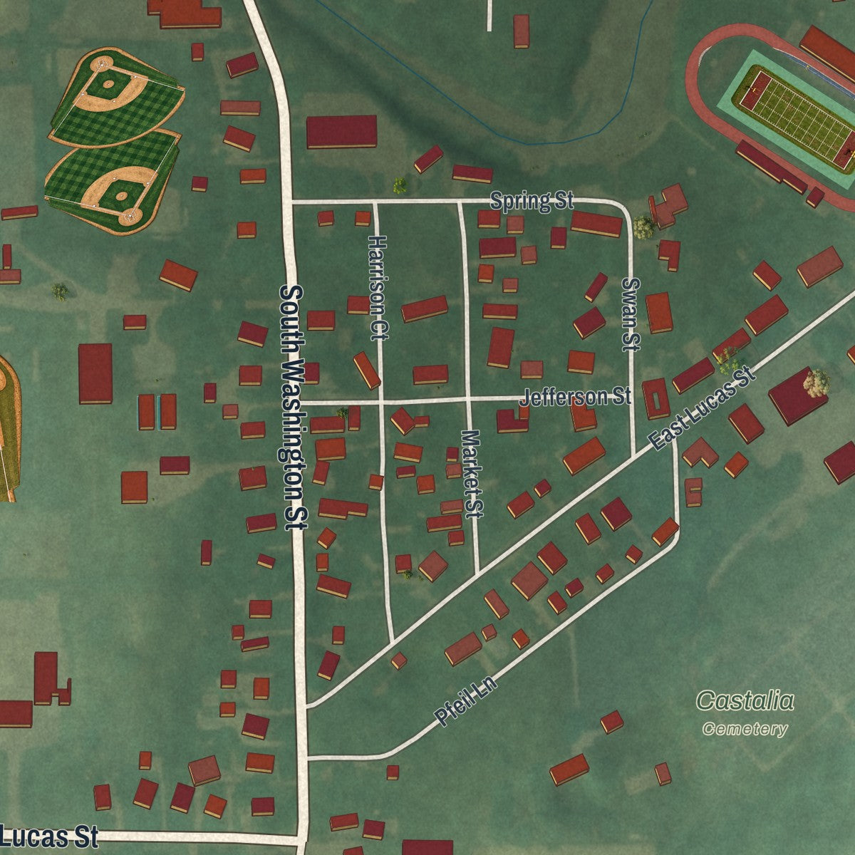 Close-up of the map of Castalia, Ohio print showing street and building detail