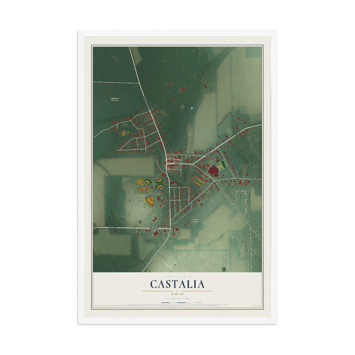 Map of Castalia, Ohio, 12 x 18 inch print in a white wood frame