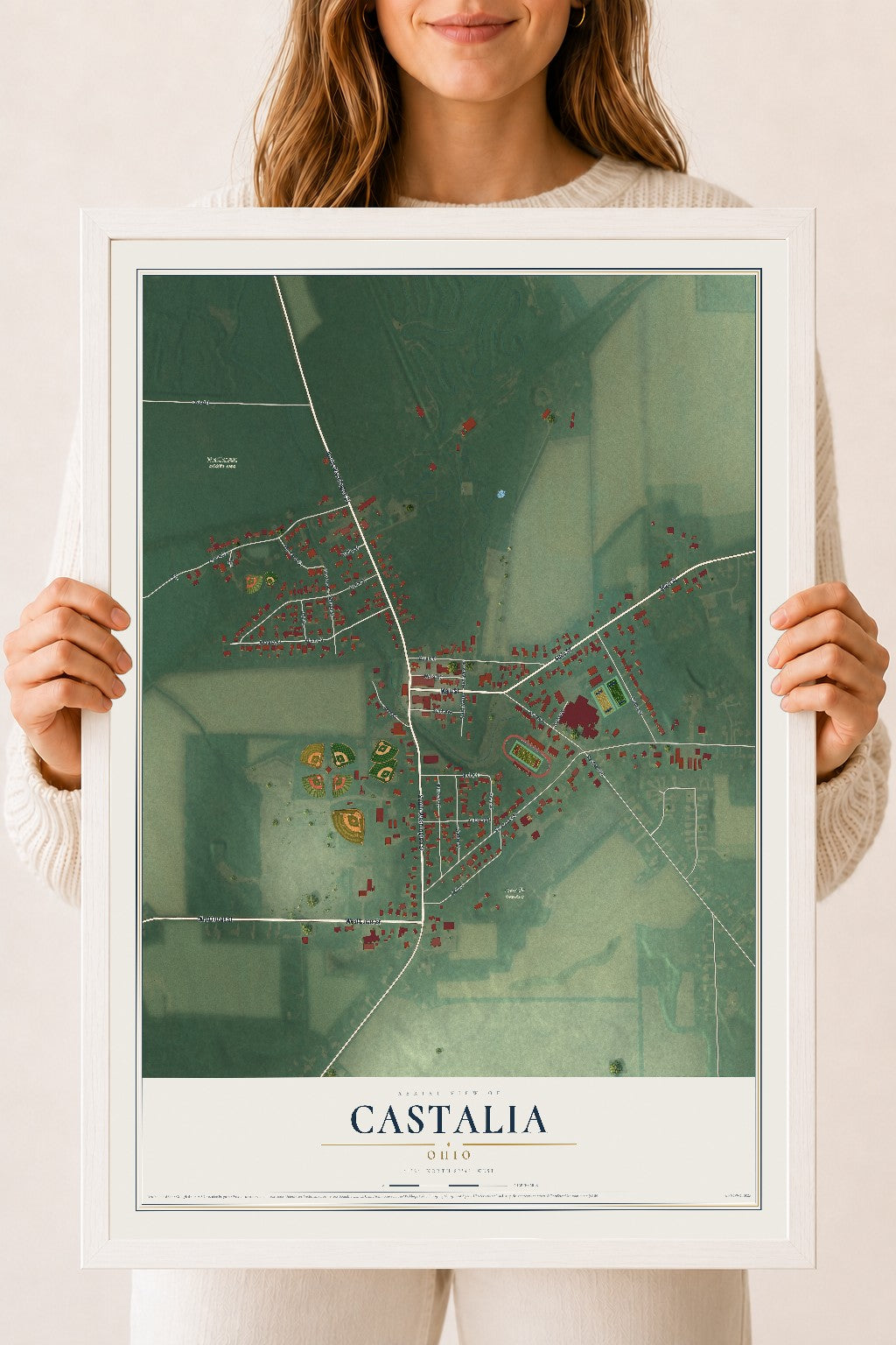 Map of Castalia, Ohio, 18 x 24 inch print in a white wood frame