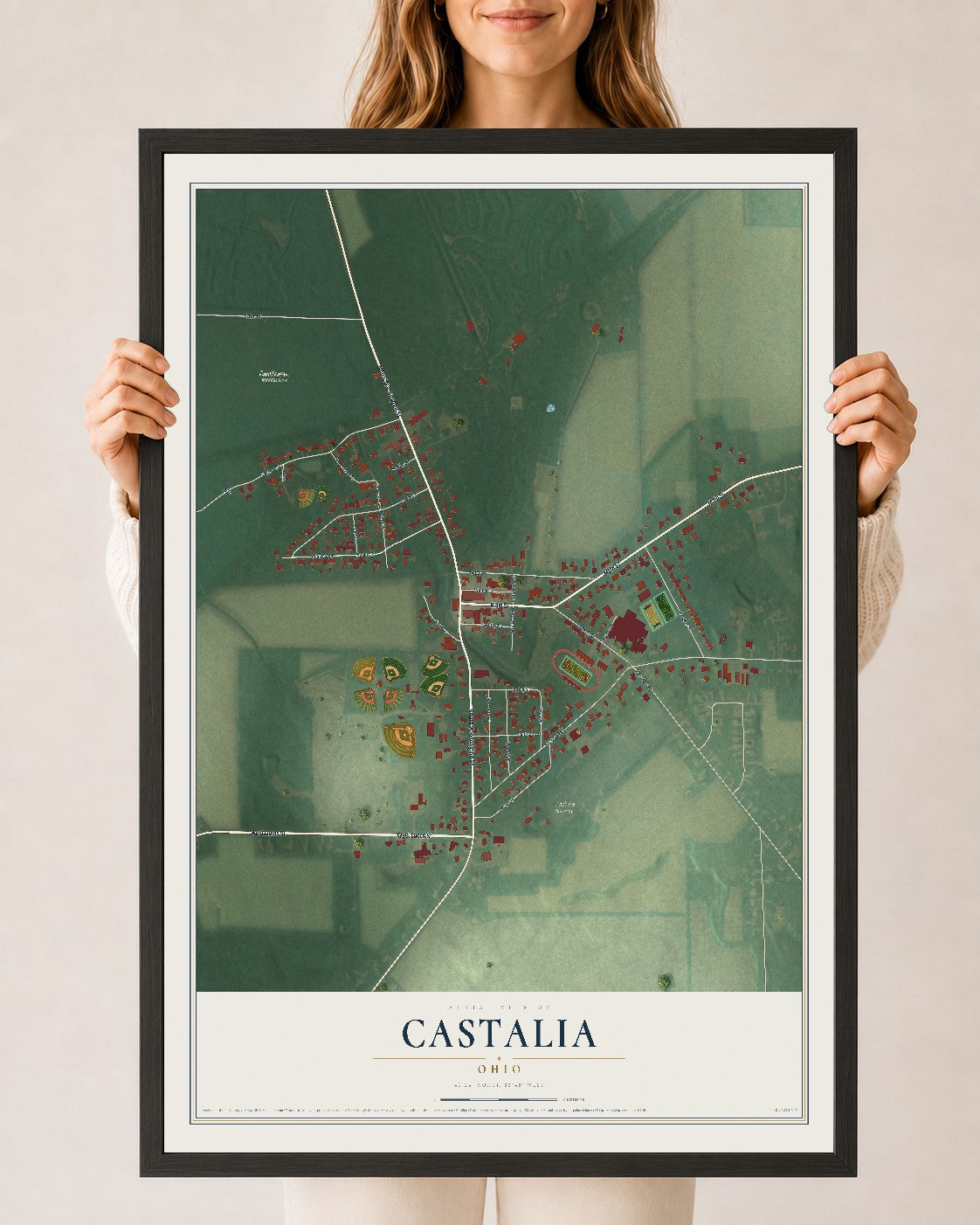 Map of Castalia, Ohio, 24 x 36 inch print in a black wood frame
