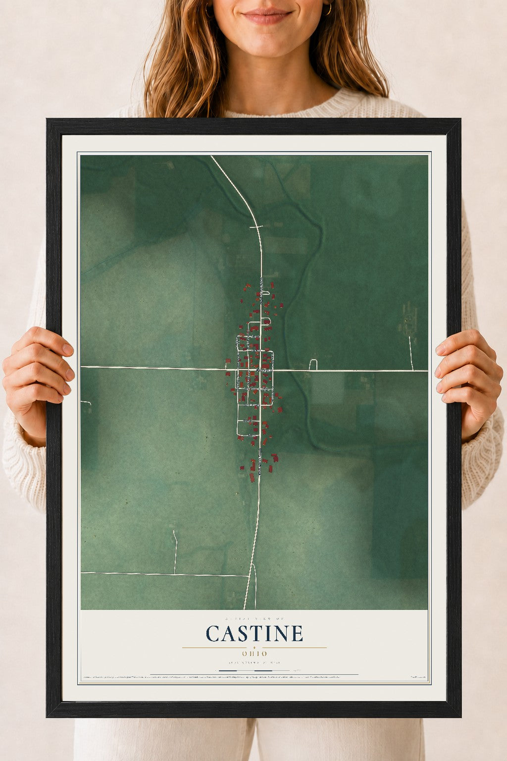 Map of Castine, Ohio, 18 x 24 inch print in a black wood frame