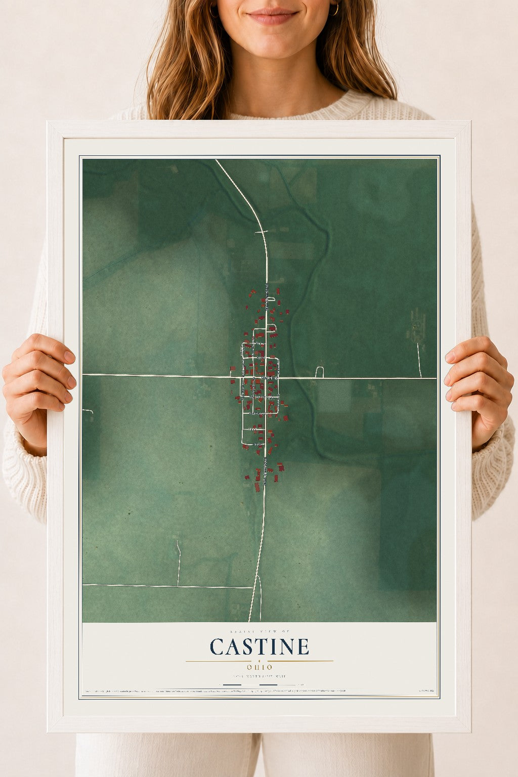 Map of Castine, Ohio, 18 x 24 inch print in a white wood frame