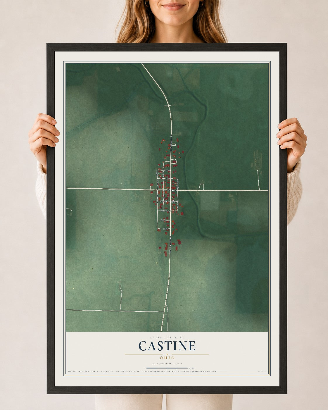 Map of Castine, Ohio, 24 x 36 inch print in a black wood frame