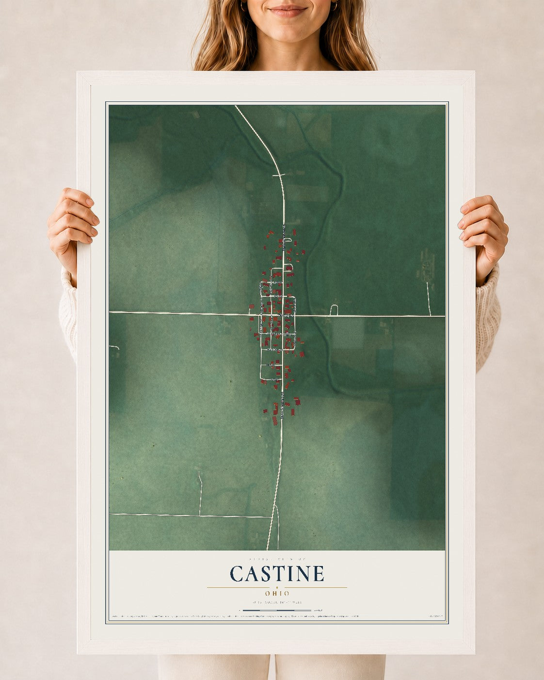 Map of Castine, Ohio, 24 x 36 inch print in a white wood frame