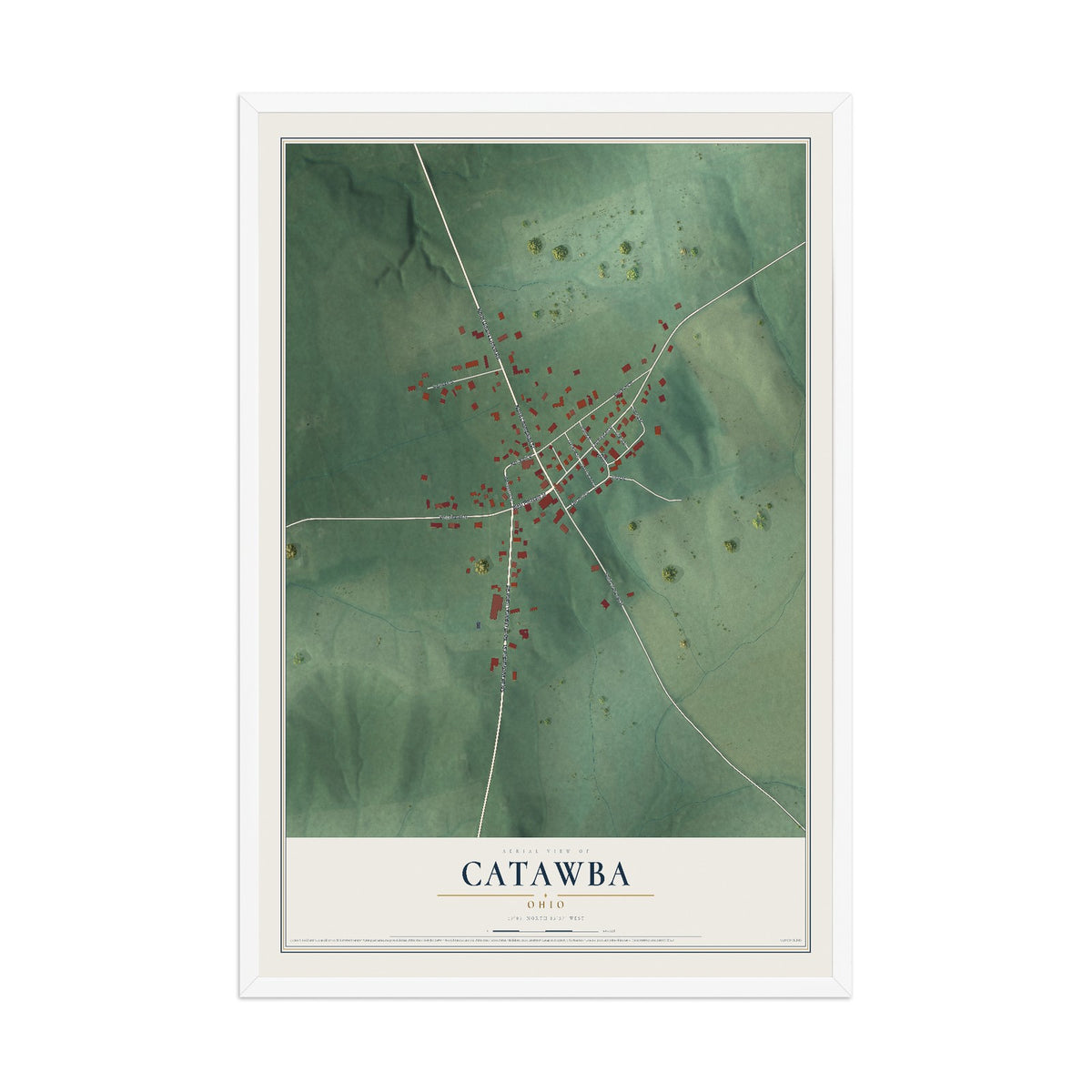 Map of Catawba, Ohio, 12 x 18 inch print in a white wood frame