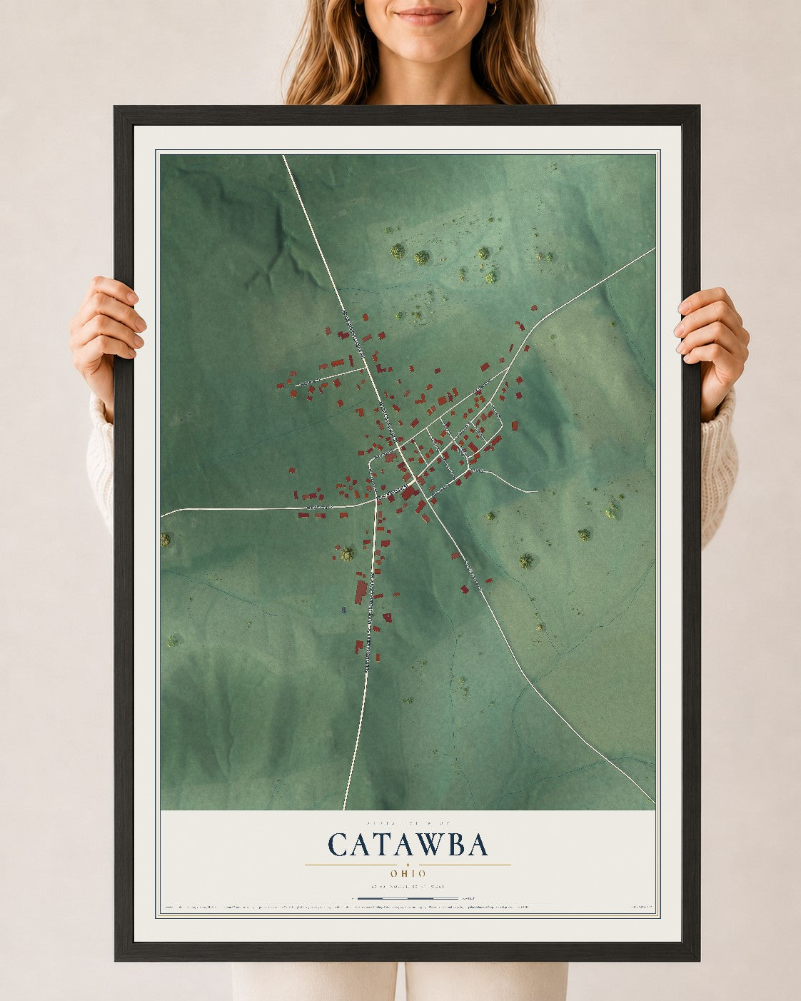 Map of Catawba, Ohio, 24 x 36 inch print in a black wood frame