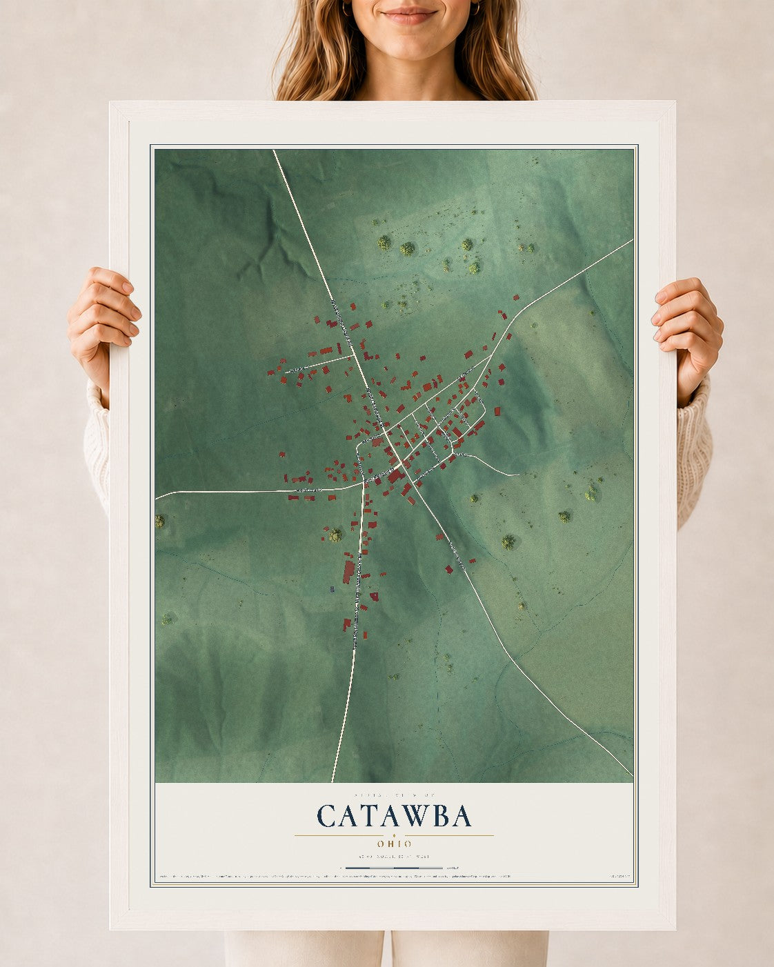 Map of Catawba, Ohio, 24 x 36 inch print in a white wood frame