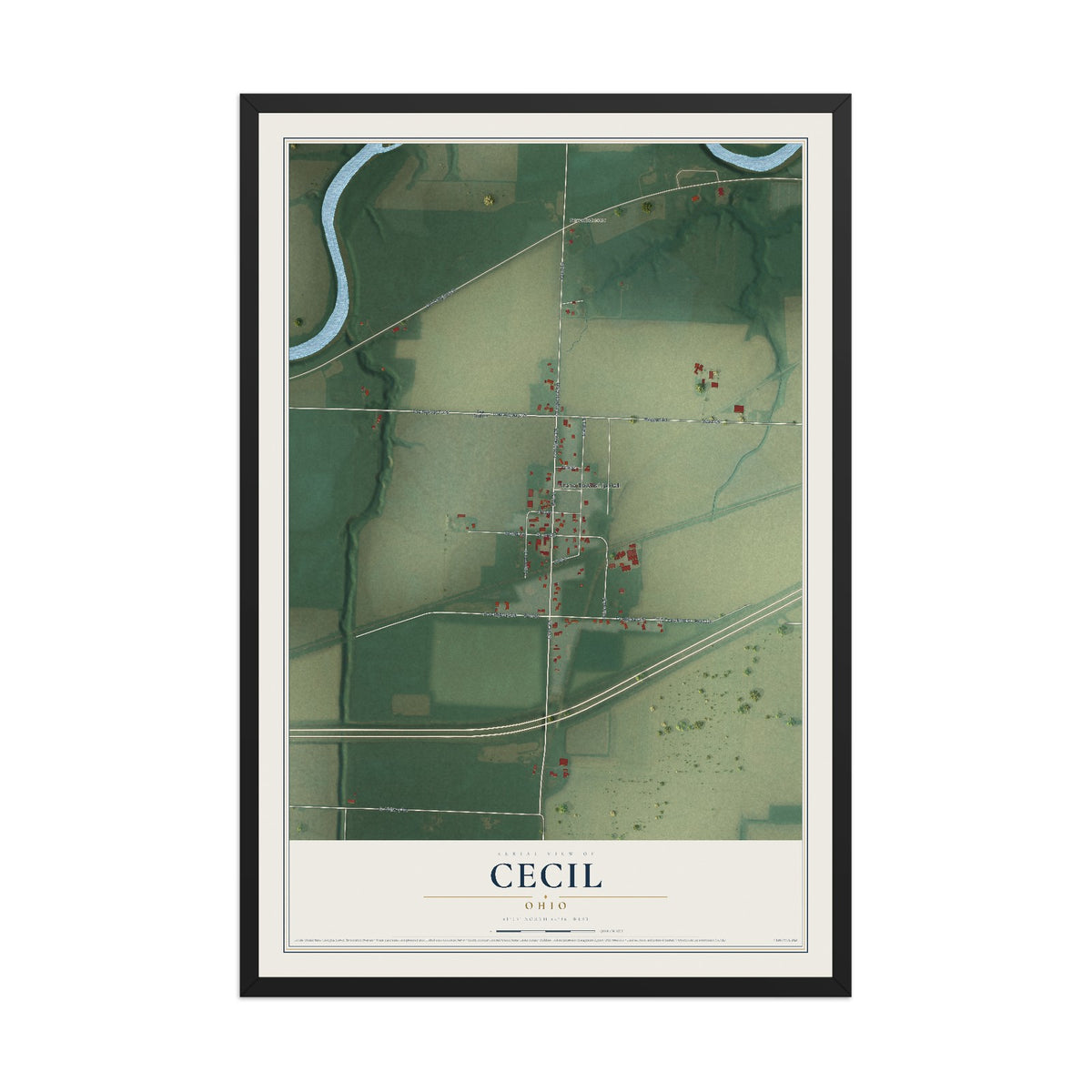 Map of Cecil, Ohio, 12 x 18 inch print in a black wood frame
