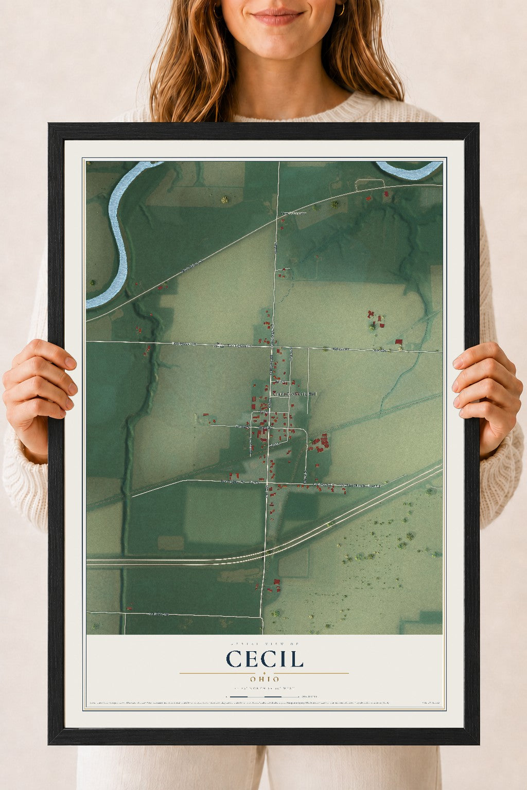 Map of Cecil, Ohio, 18 x 24 inch print in a black wood frame