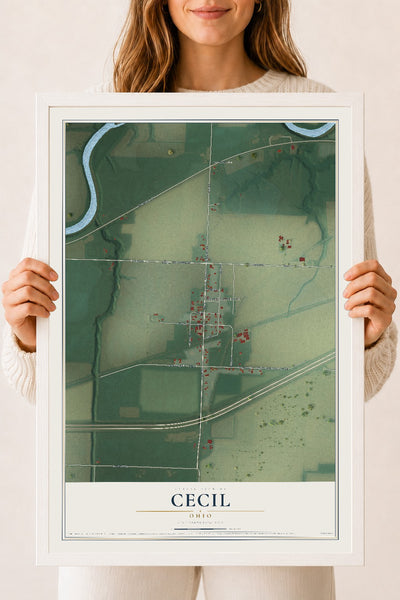 Map of Cecil, Ohio, 18 x 24 inch print in a white wood frame