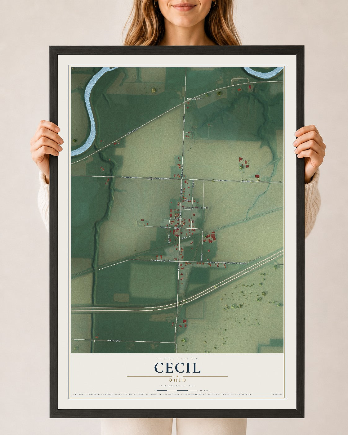 Map of Cecil, Ohio, 24 x 36 inch print in a black wood frame