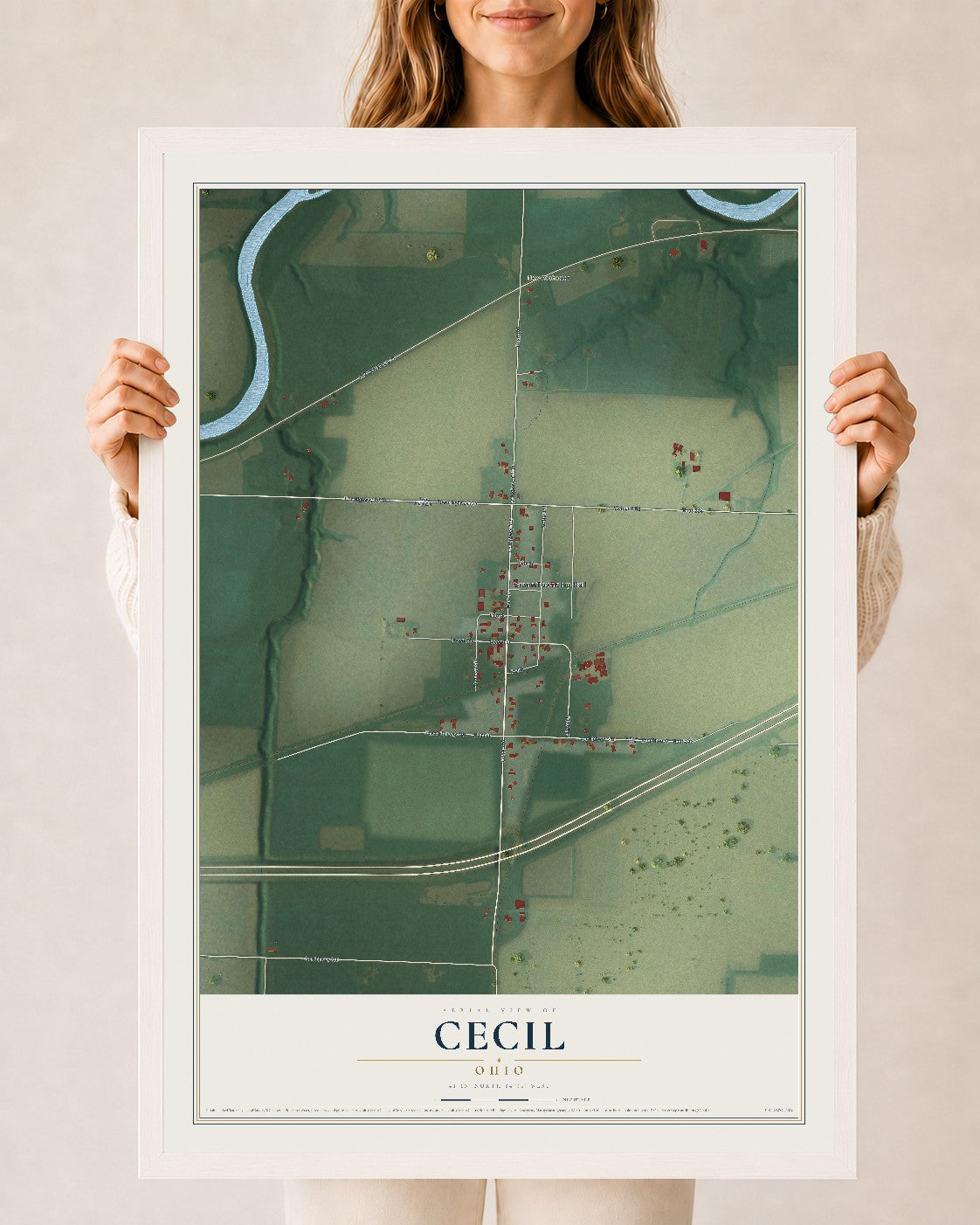 Map of Cecil, Ohio, 24 x 36 inch print in a white wood frame