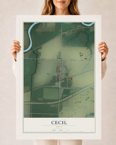 Map of Cecil, Ohio, 24 x 36 inch print in a white wood frame