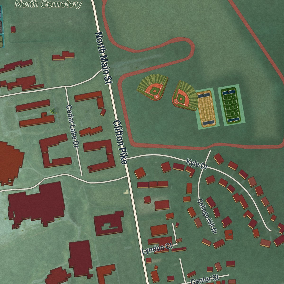 Second close-up of the map of Cedarville, Ohio print showing more streets and buildings