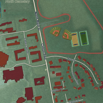 Second close-up of the map of Cedarville, Ohio print showing more streets and buildings