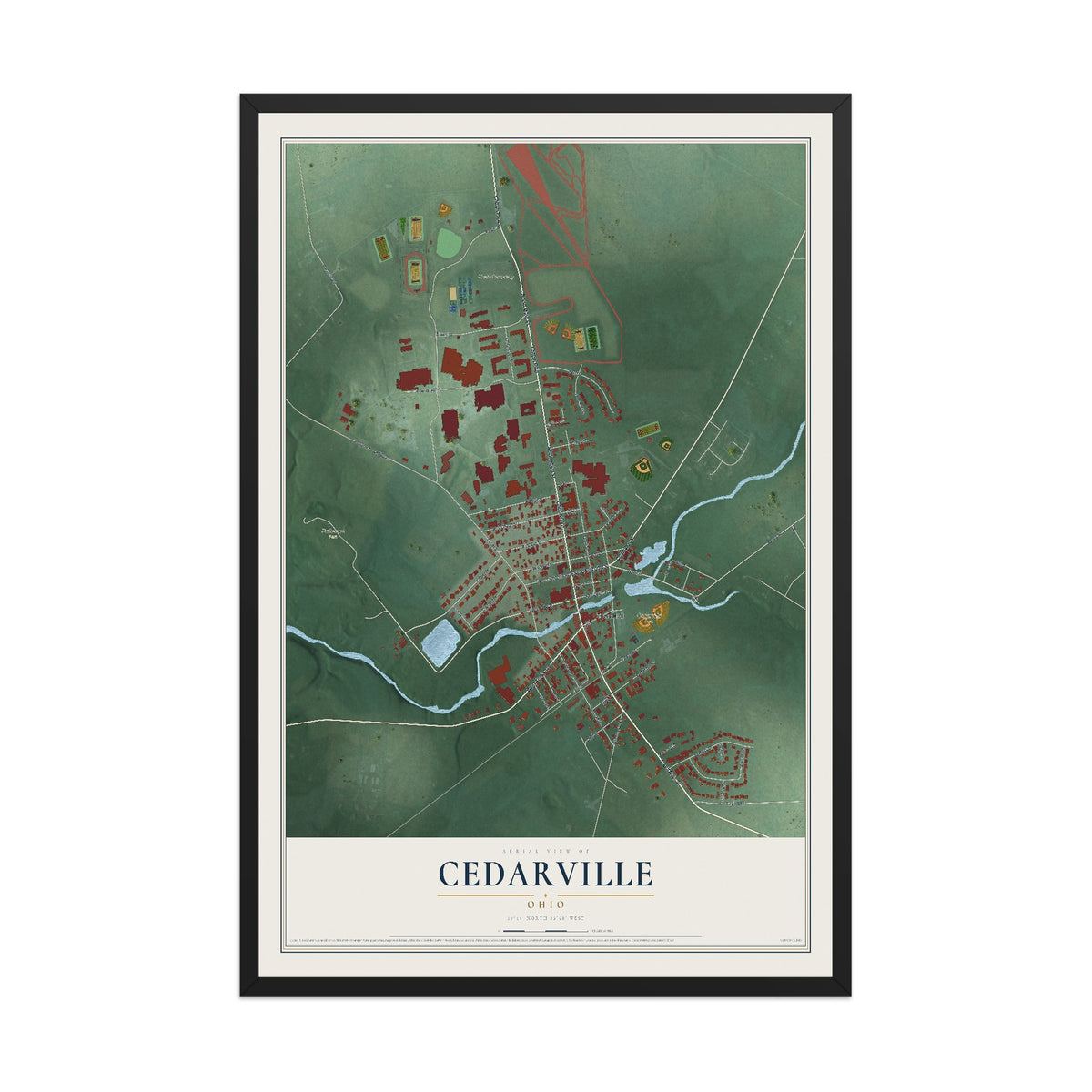 Map of Cedarville, Ohio, 12 x 18 inch print in a black wood frame