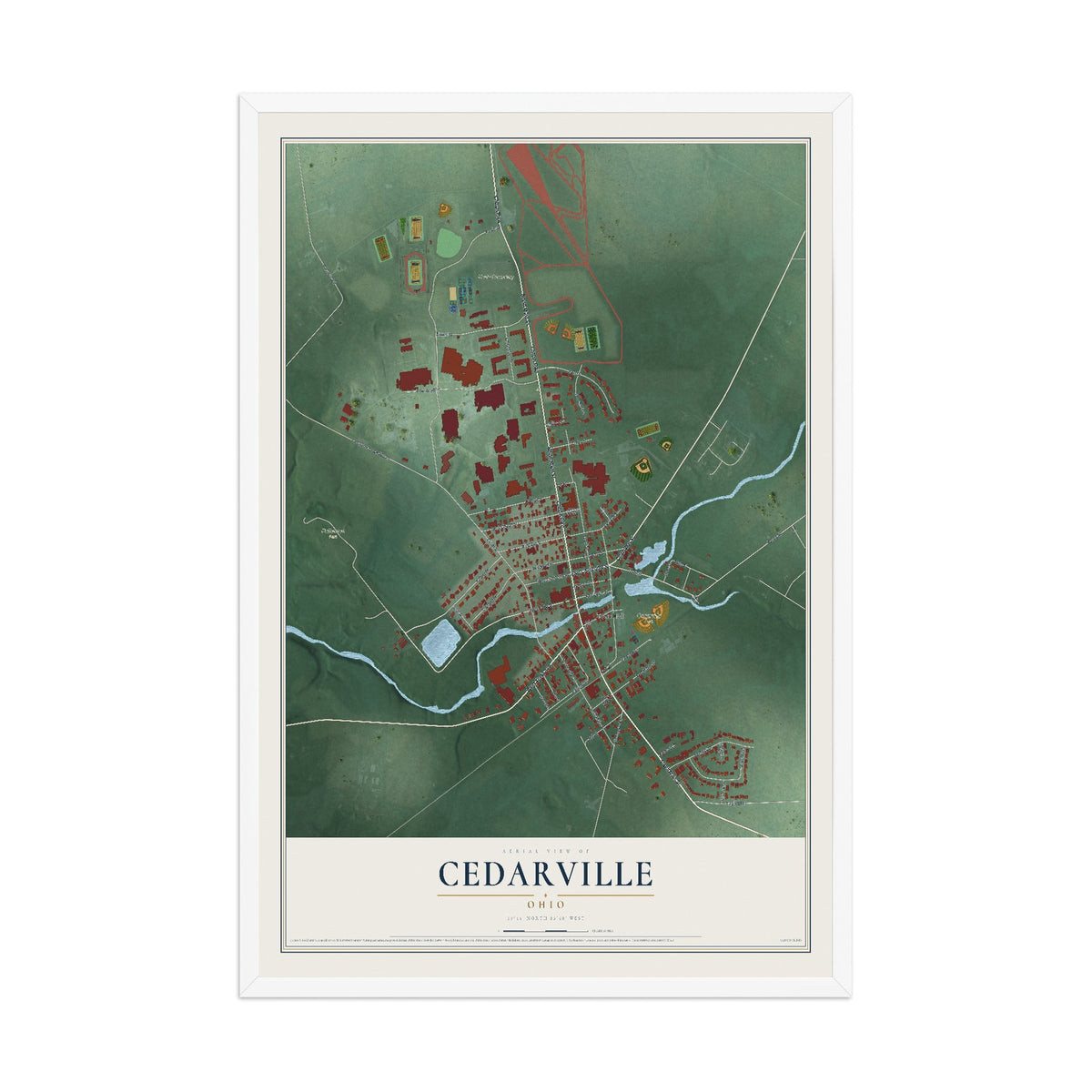 Map of Cedarville, Ohio, 12 x 18 inch print in a white wood frame