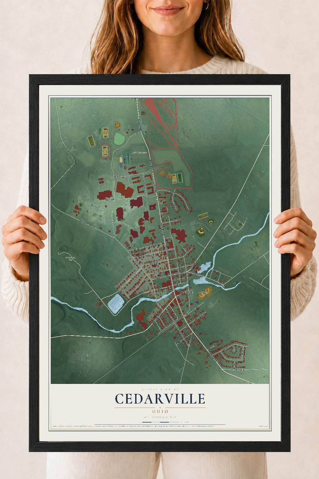 Map of Cedarville, Ohio, 18 x 24 inch print in a black wood frame