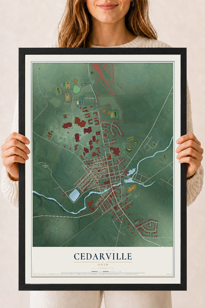 Map of Cedarville, Ohio, 18 x 24 inch print in a black wood frame